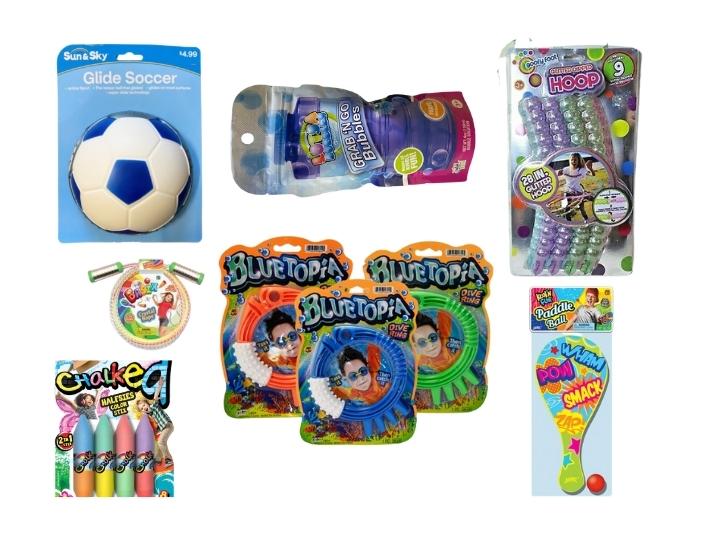 All Peggable Chalk, Dive Rings, Bubbles, Glitter Hoop, Glide Soccer, Jump Ropes & Paddle Ball